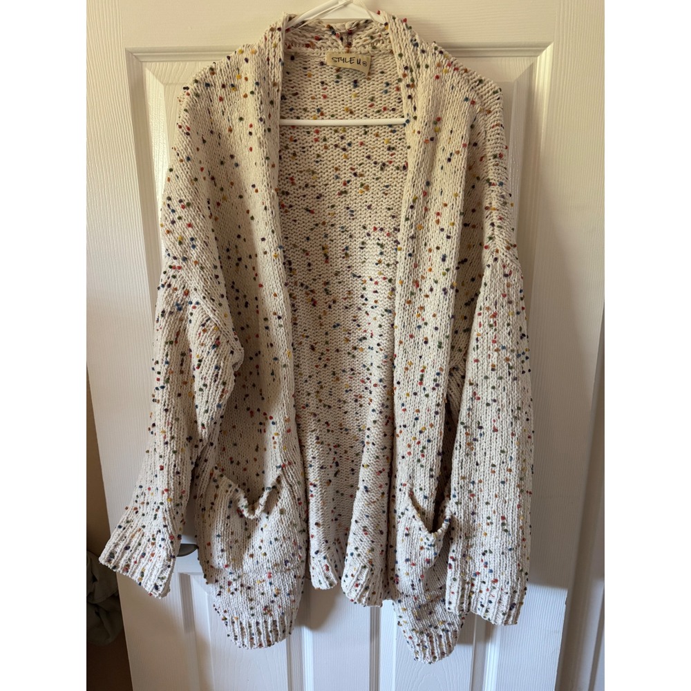 Style U Cardigan Women Medium/Large Cream Multi Confetti Knit Pockets SK2986